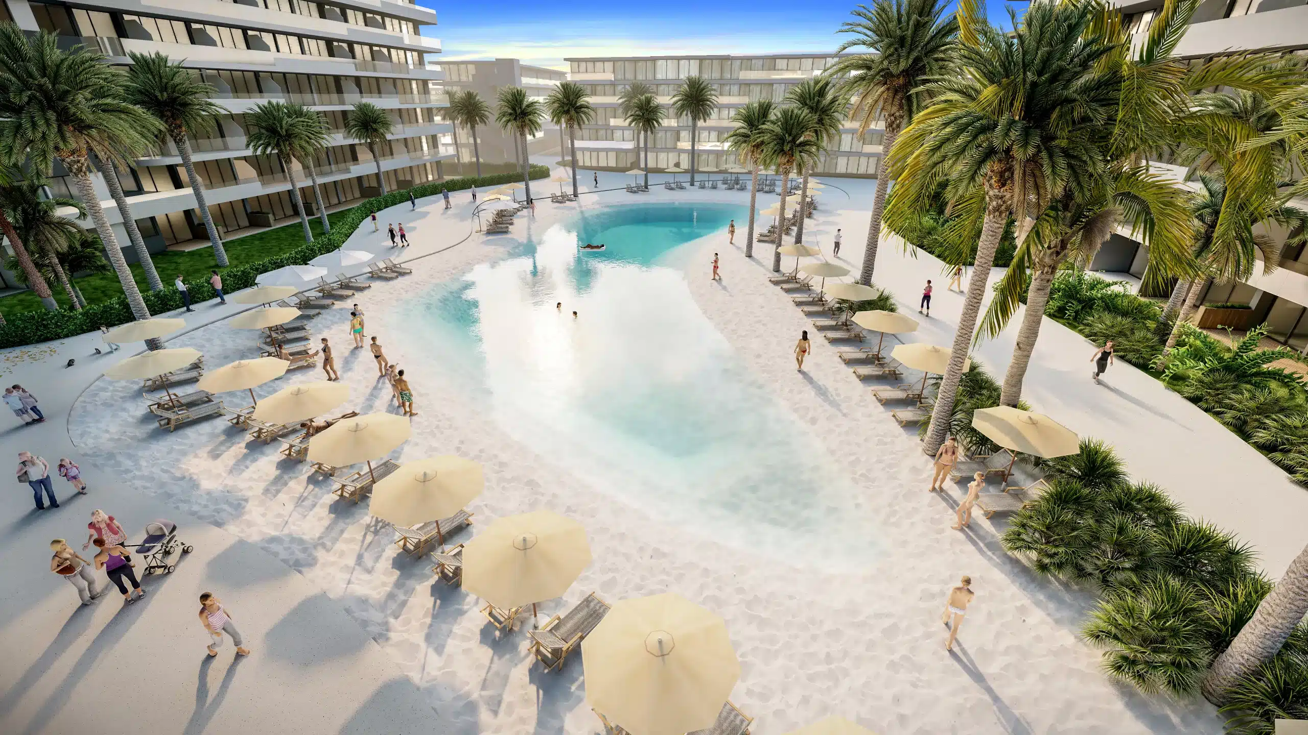 Visualisierung einer palmengesäumten Poollandschaft